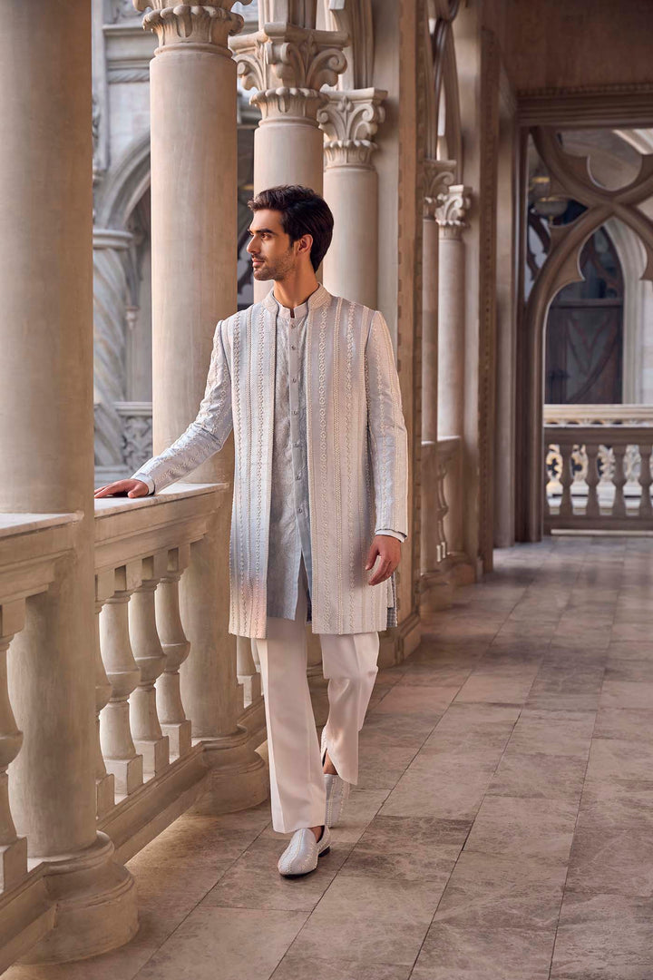 Powder Blue Pearl Open Sherwani Set