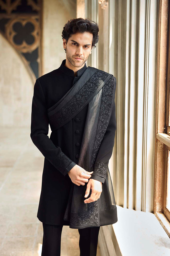 Black Thread Work Sherwani Set