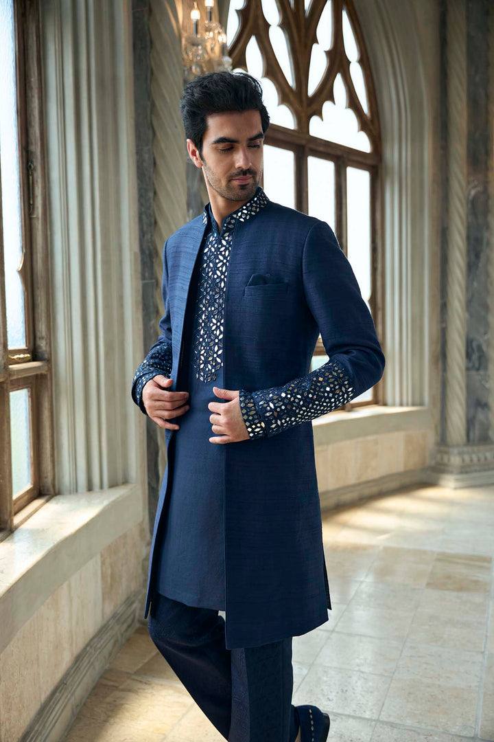 Persian Blue Mirror Open Sherwani Set