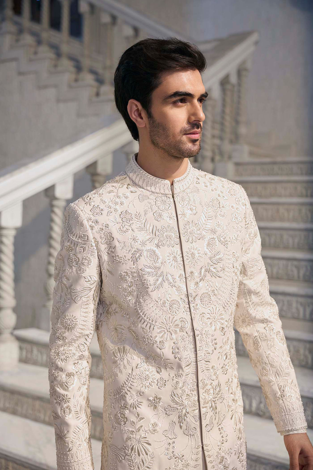 Cream Thread Work Sherwani Set