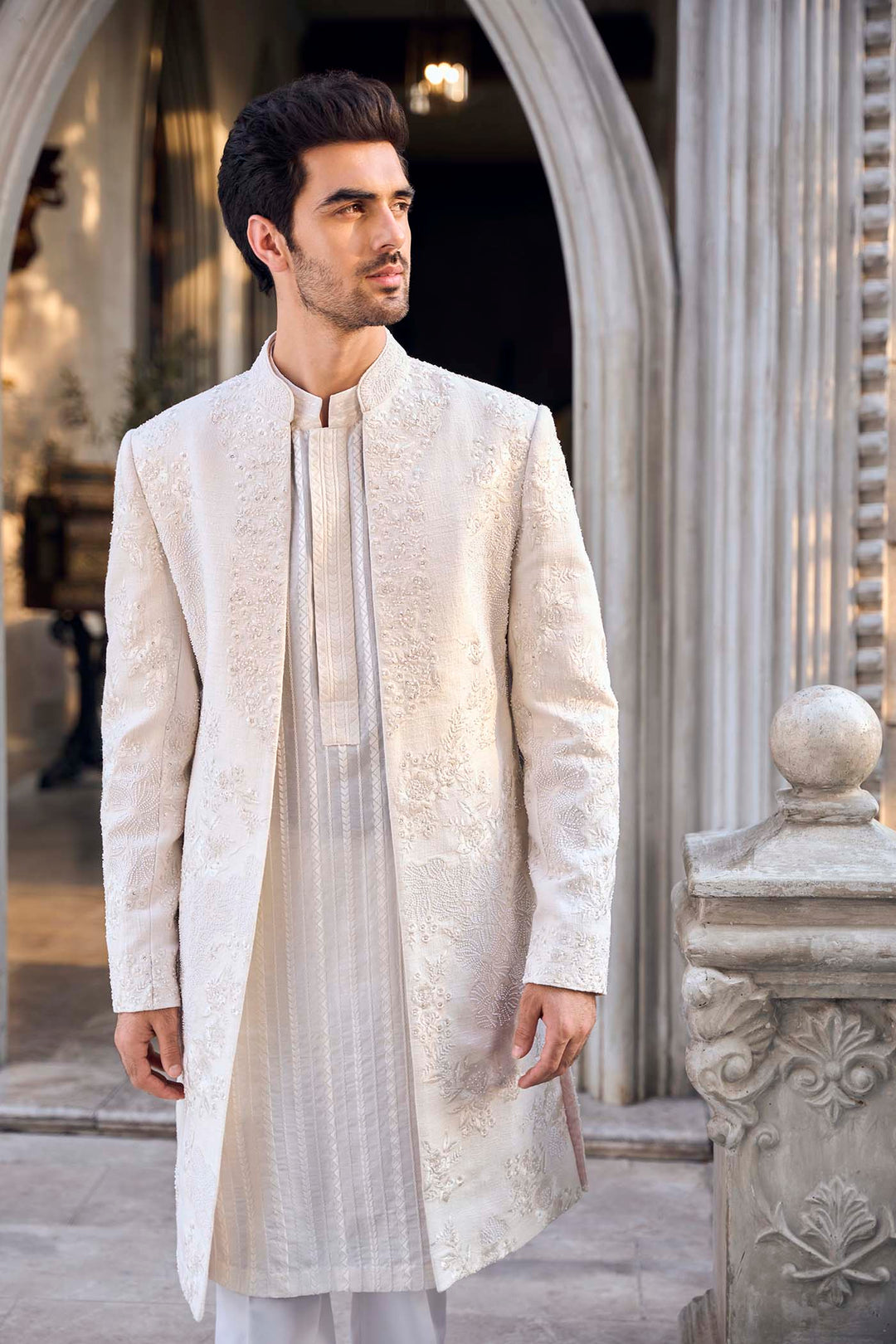 Cream Open Sherwani Set