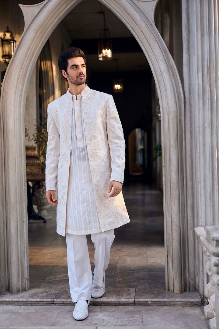 Cream Open Sherwani Set