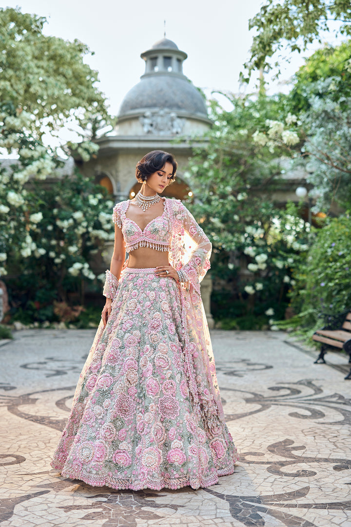 Mint Green Multi-Coloured Floral Lehenga Set