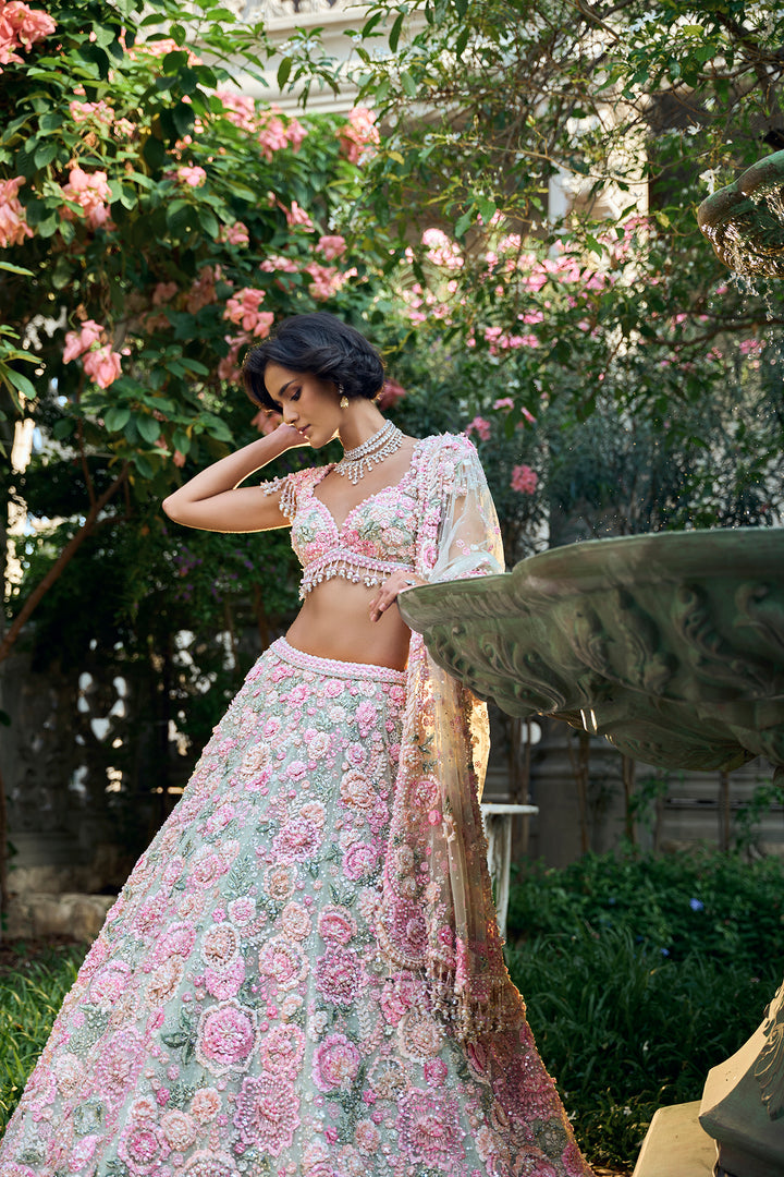 Mint Green Multi-Coloured Floral Lehenga Set