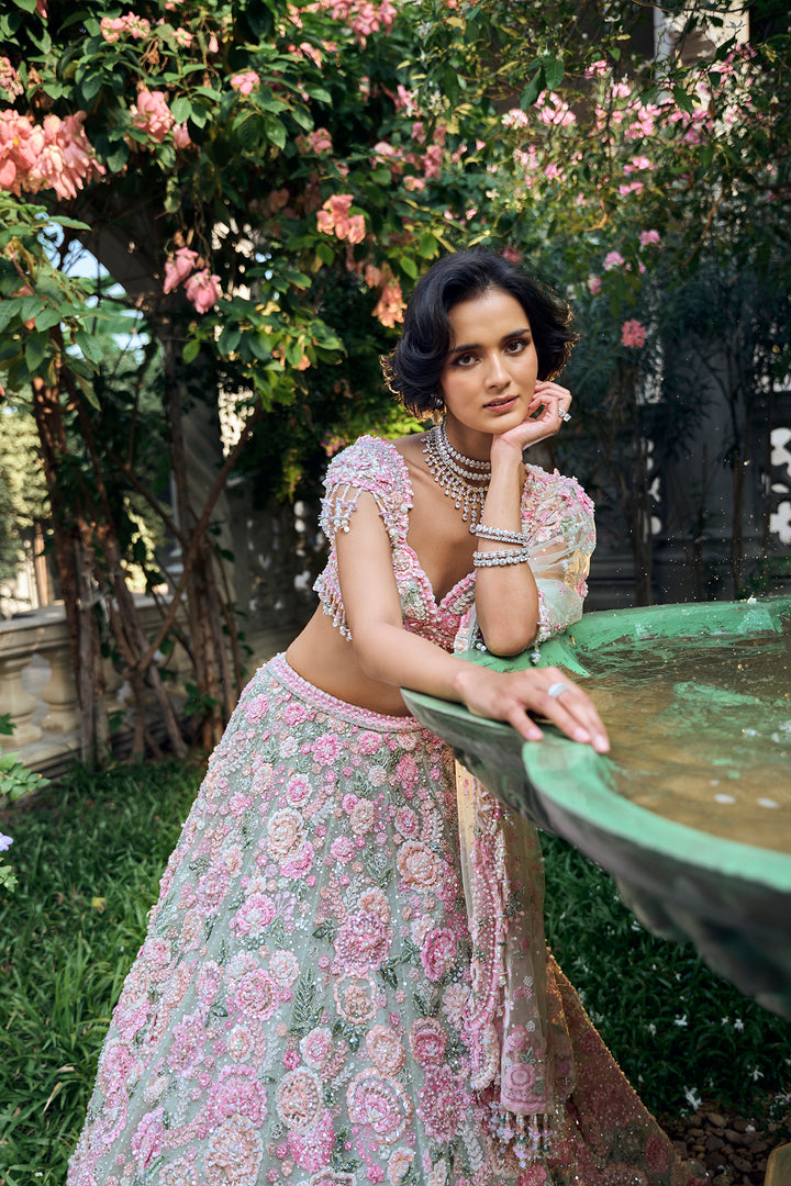Mint Green Multi-Coloured Floral Lehenga Set