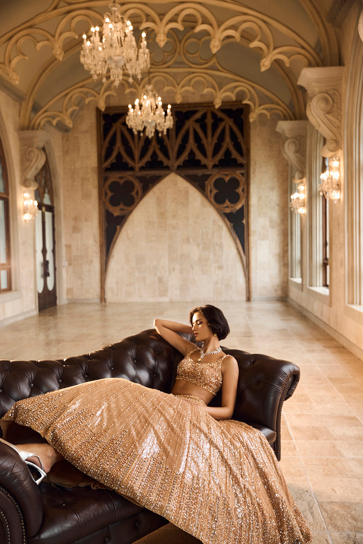 Copper Gold Crystal Lehenga Set