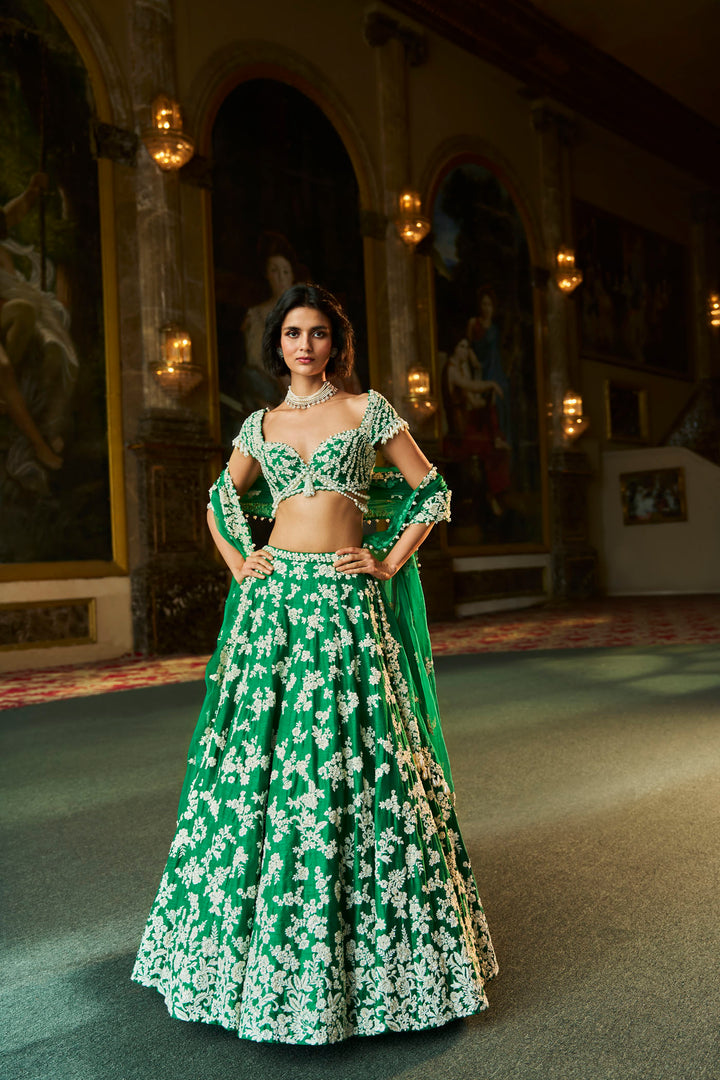 Green Thread Work Lehenga Set