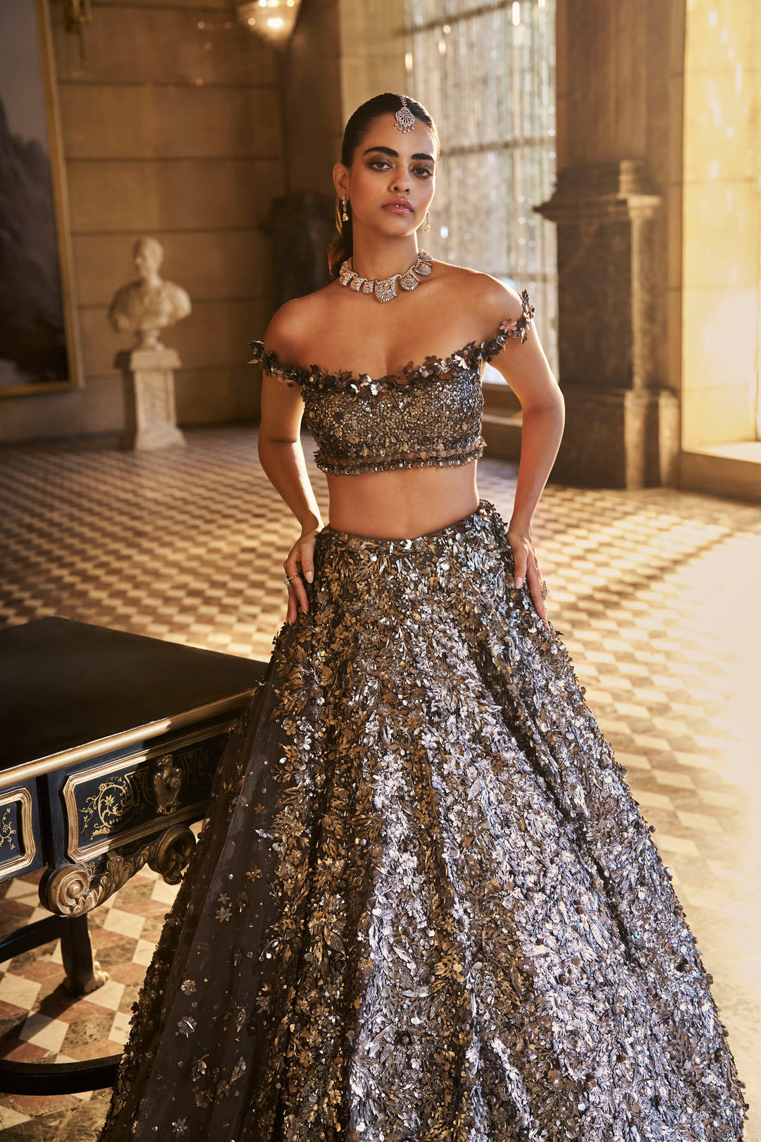 Metallic Silver 3D Lehenga Set