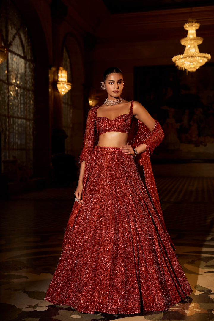 Brick Red Crystal Lehenga Set