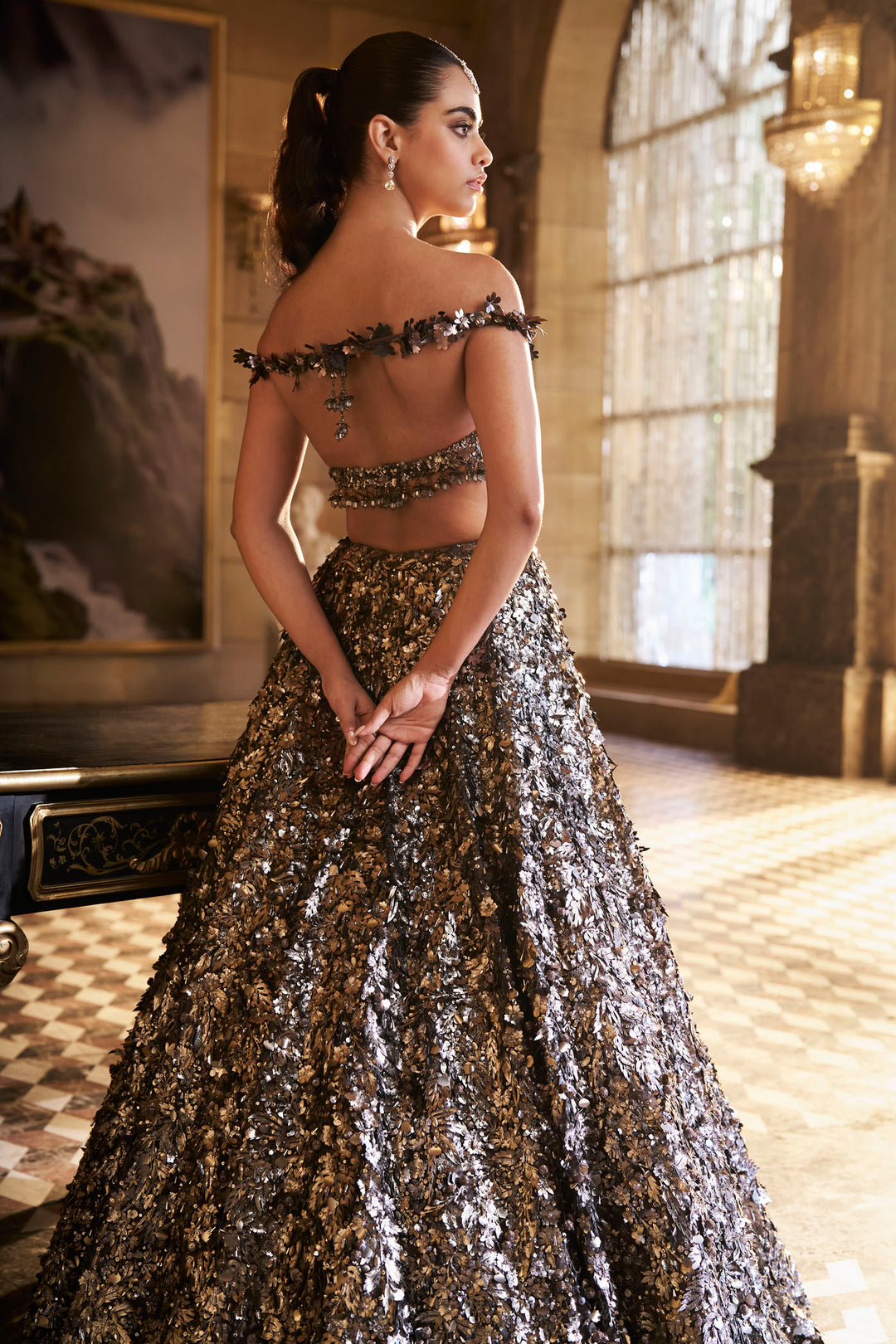 Metallic Silver 3D Lehenga Set