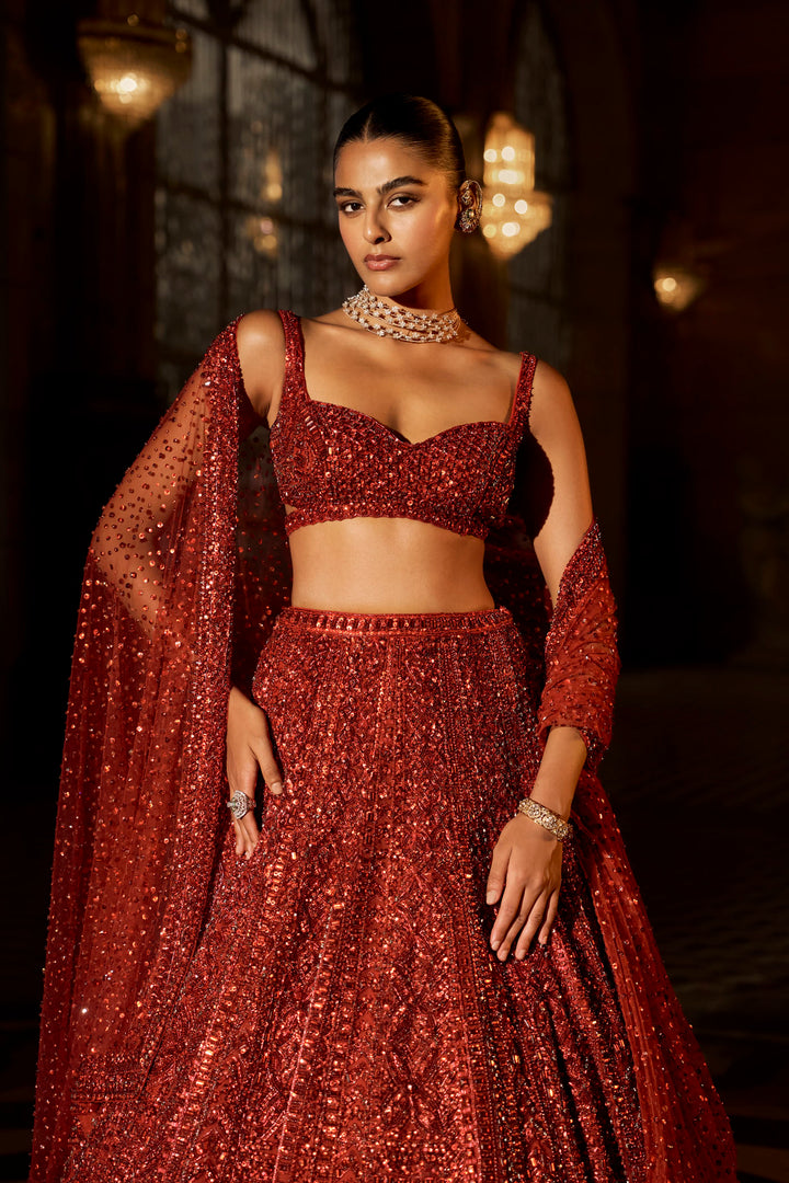 Brick Red Crystal Lehenga Set