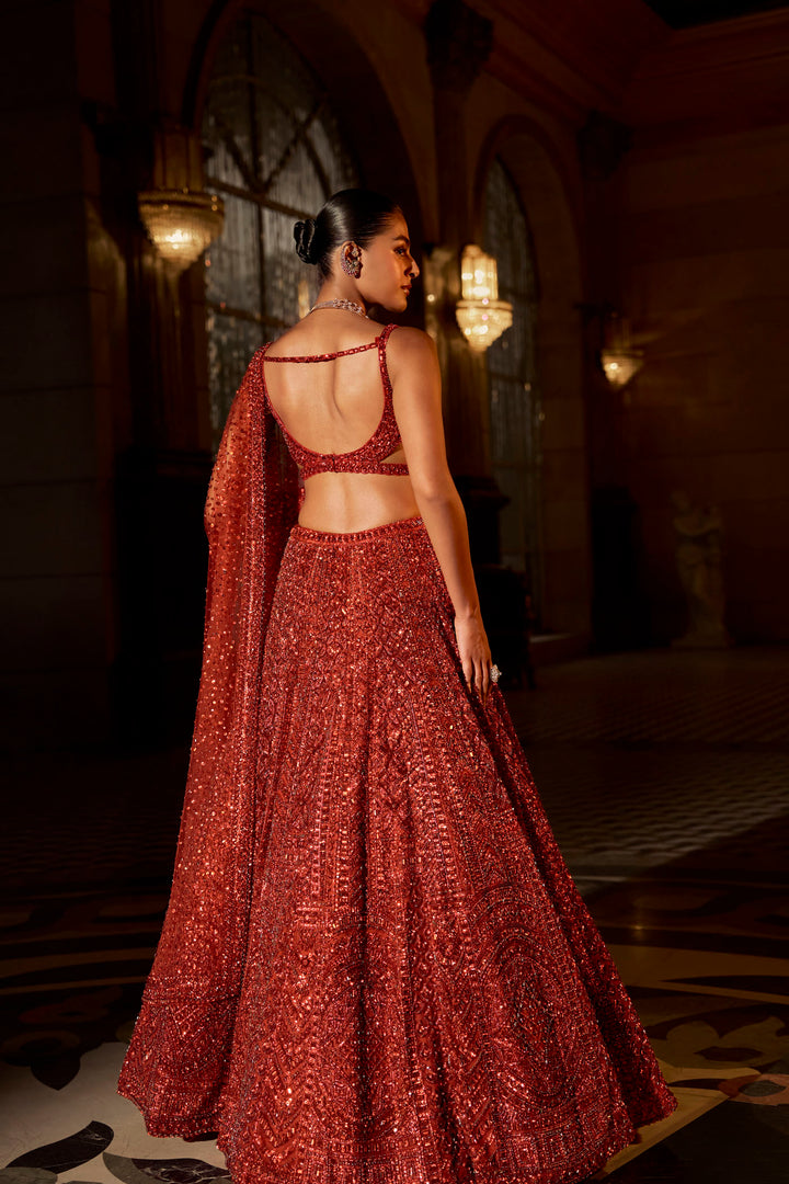 Brick Red Crystal Lehenga Set