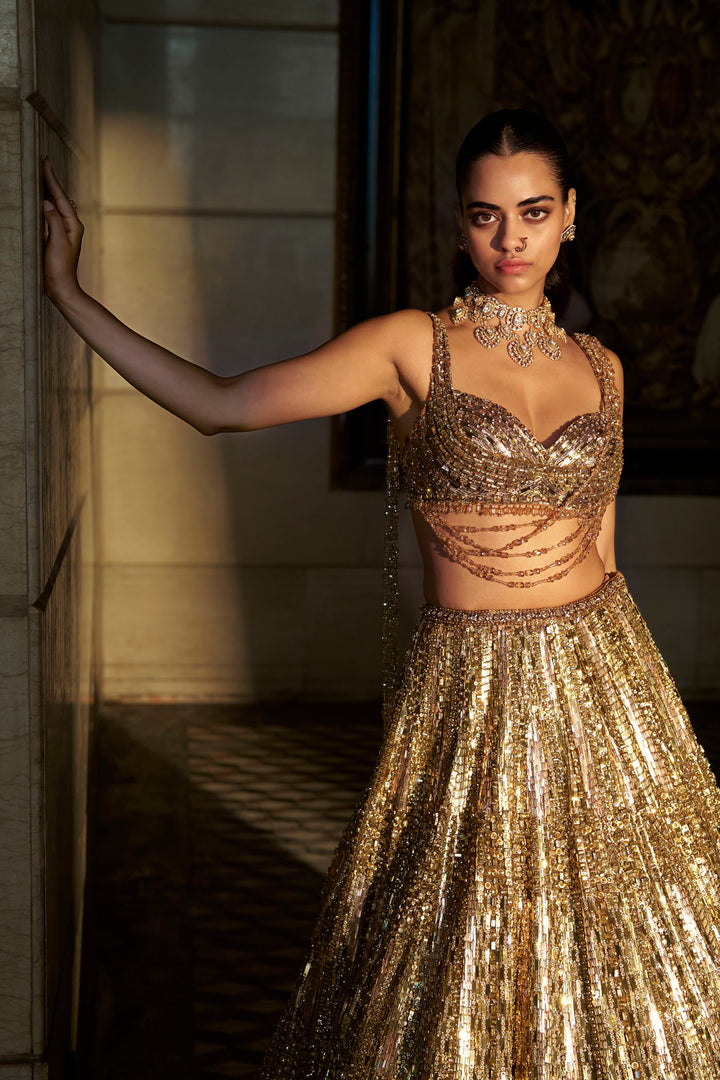 Gold Crystal Lehenga Set