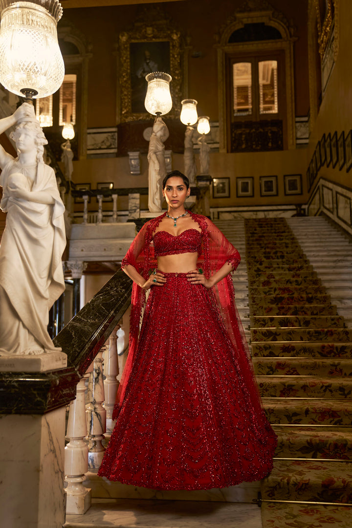 Red Crystal Lehenga Set