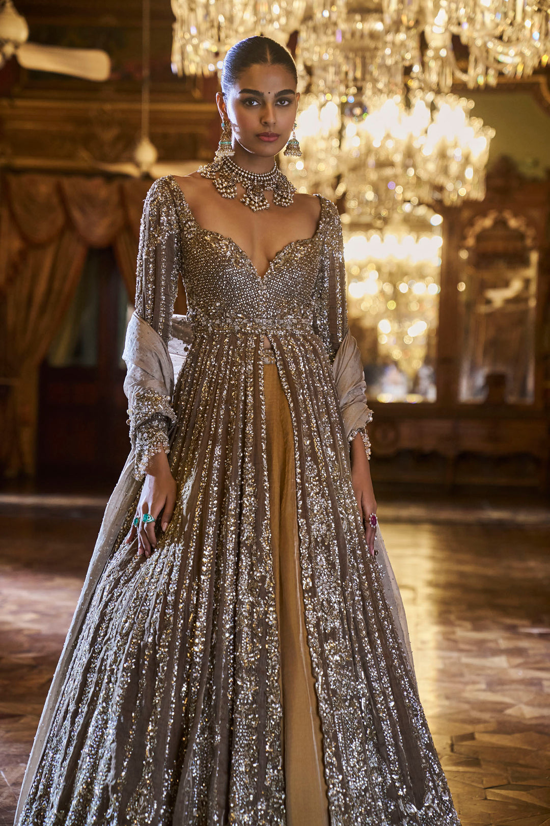 Gold Silver Tissue Jacket Lehenga Set