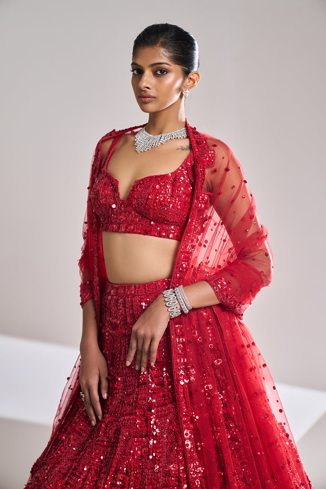 Red Sequin Lehenga Set