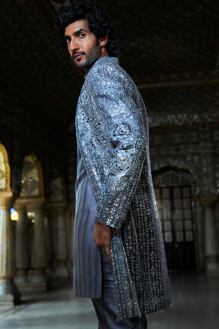 Steel Grey Mirror Work Open Jacket Set