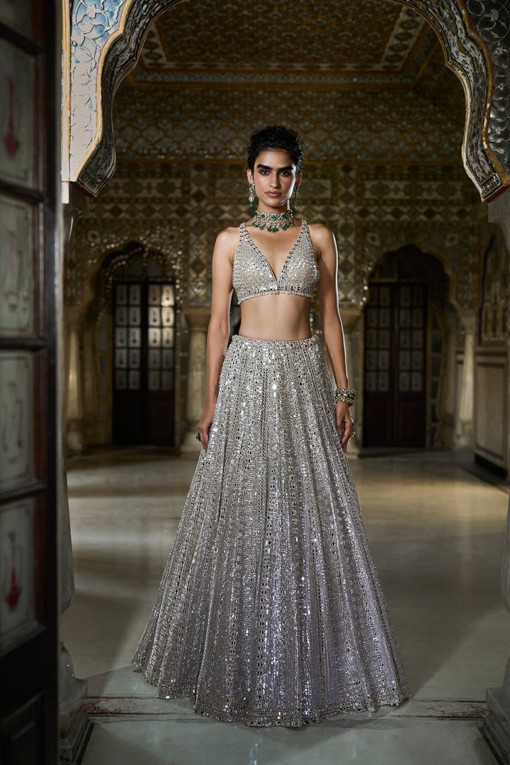 Champagne Mirror Work Lehenga Set
