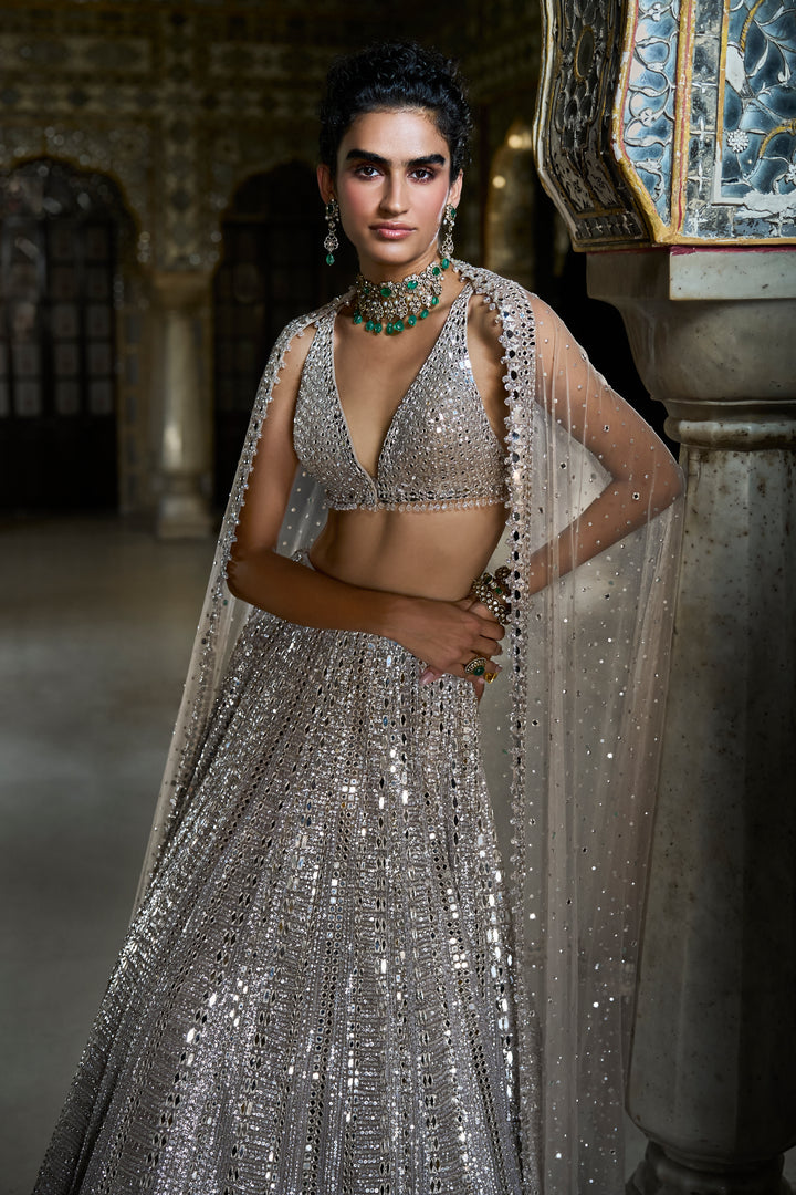 Champagne Mirror Work Lehenga Set