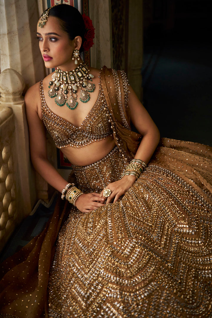 Copper Gold Crystal Lehenga Set