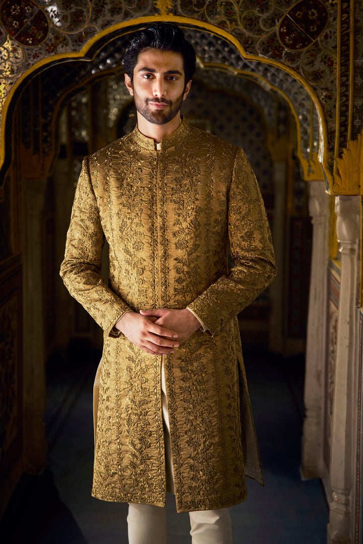 Antique Gold Tissue Sherwani Set