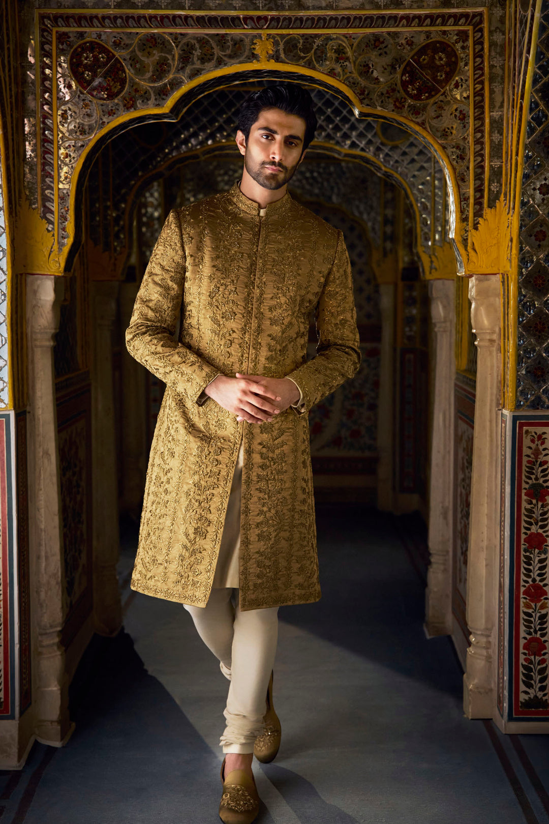 Antique Gold Tissue Sherwani Set