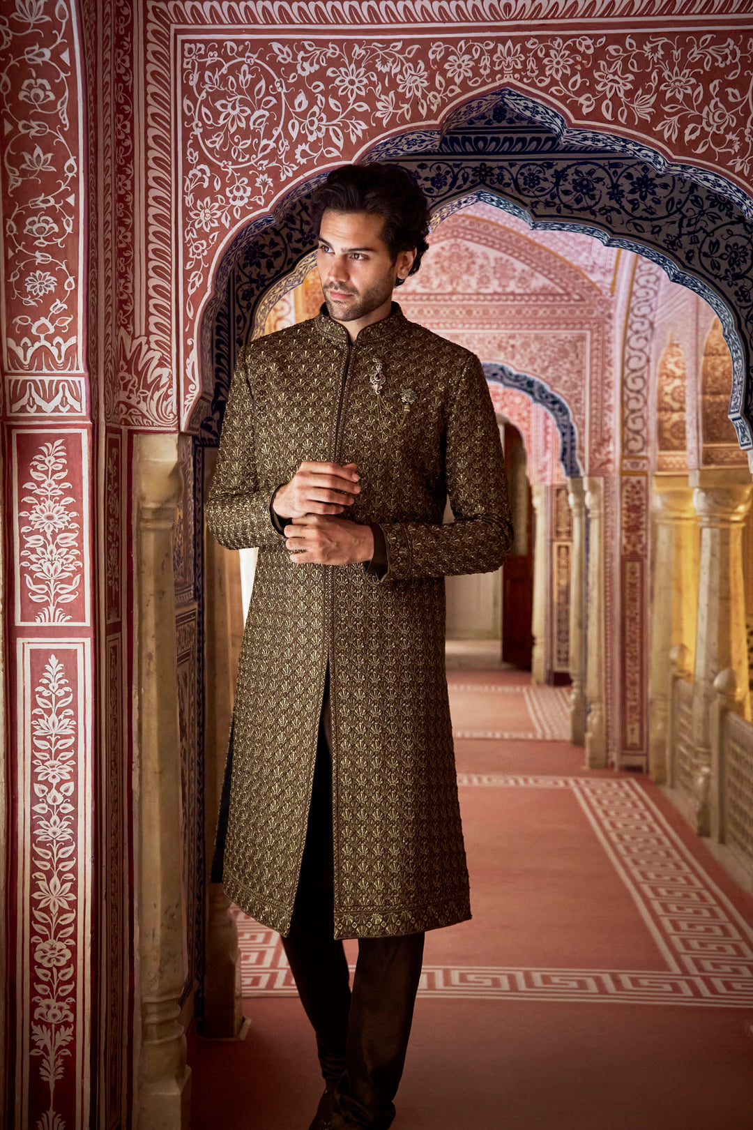 Olive Green Thread Sequin Sherwani Set