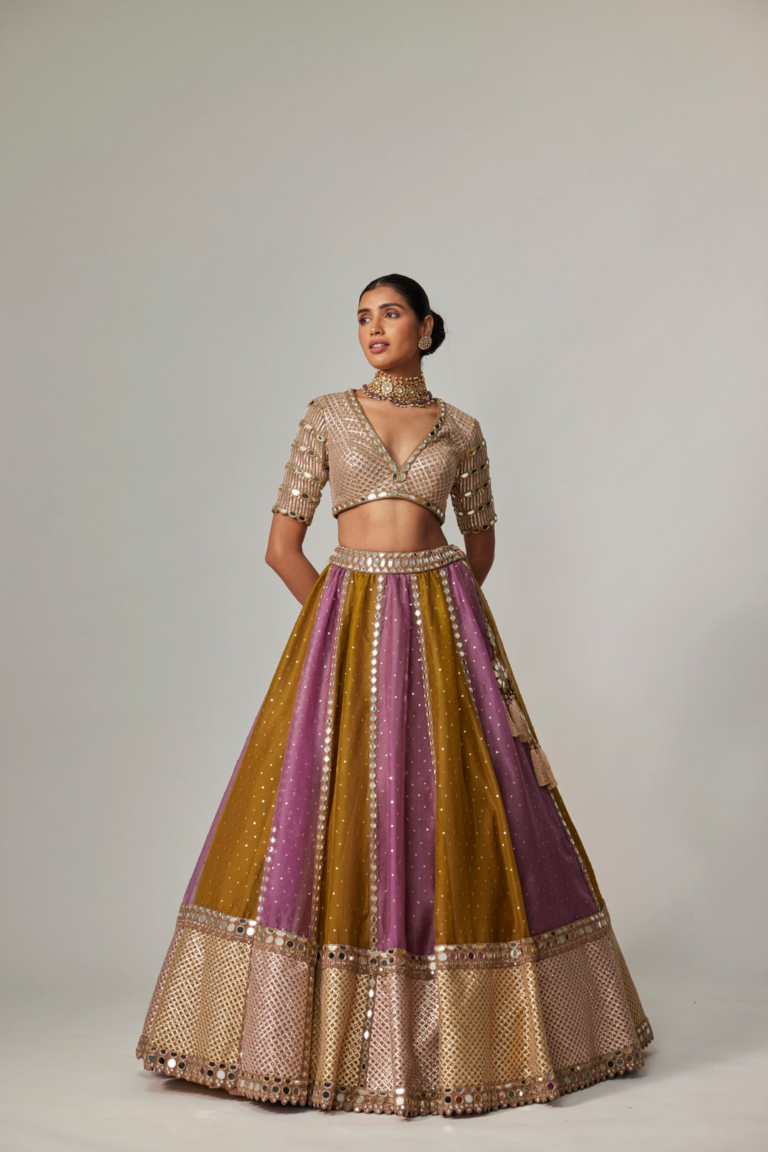 Green Multicolor Sequin Scatter Lehenga With V Neck Elbow Sleeve Blouse