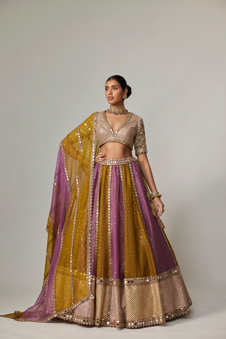 Green Multicolor Sequin Scatter Lehenga With V Neck Elbow Sleeve Blouse