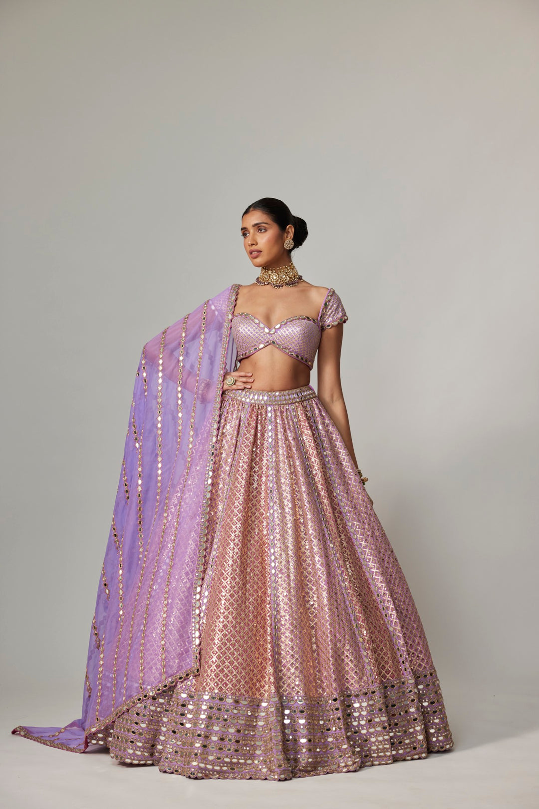Lilac Gota Multicolor Heavy Metallic Lehenga With Cap Sleeve Blouse