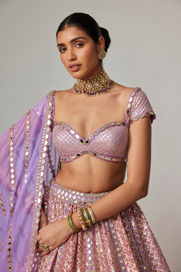 Lilac Gota Multicolor Heavy Metallic Lehenga With Cap Sleeve Blouse