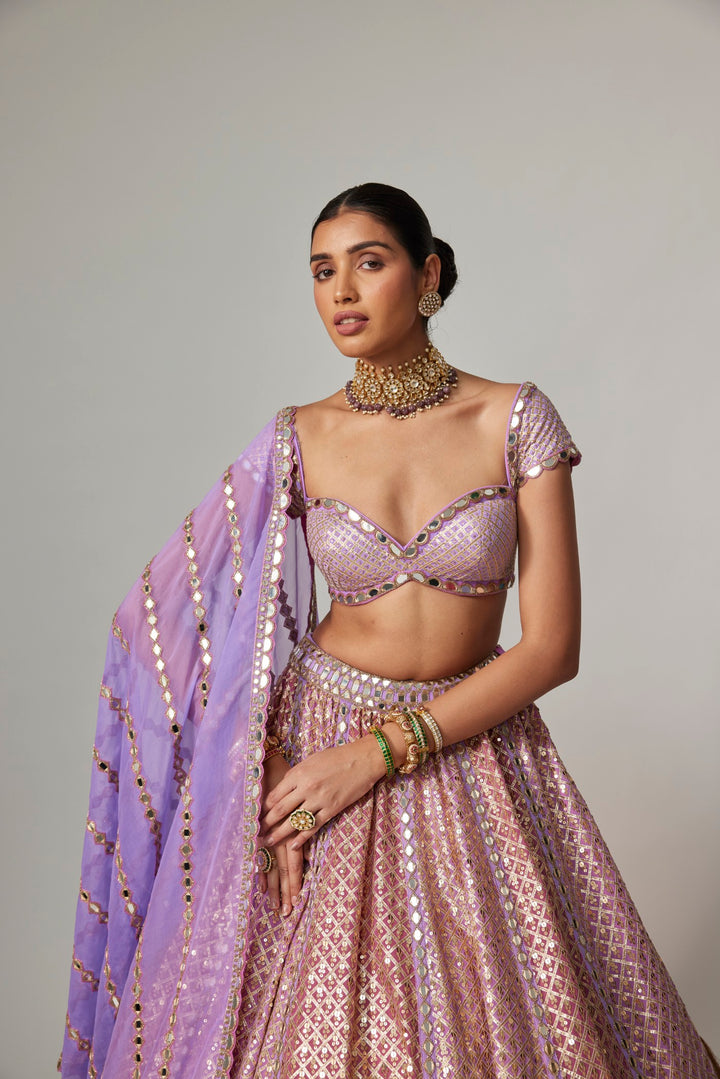 Lilac Gota Multicolor Heavy Metallic Lehenga With Cap Sleeve Blouse
