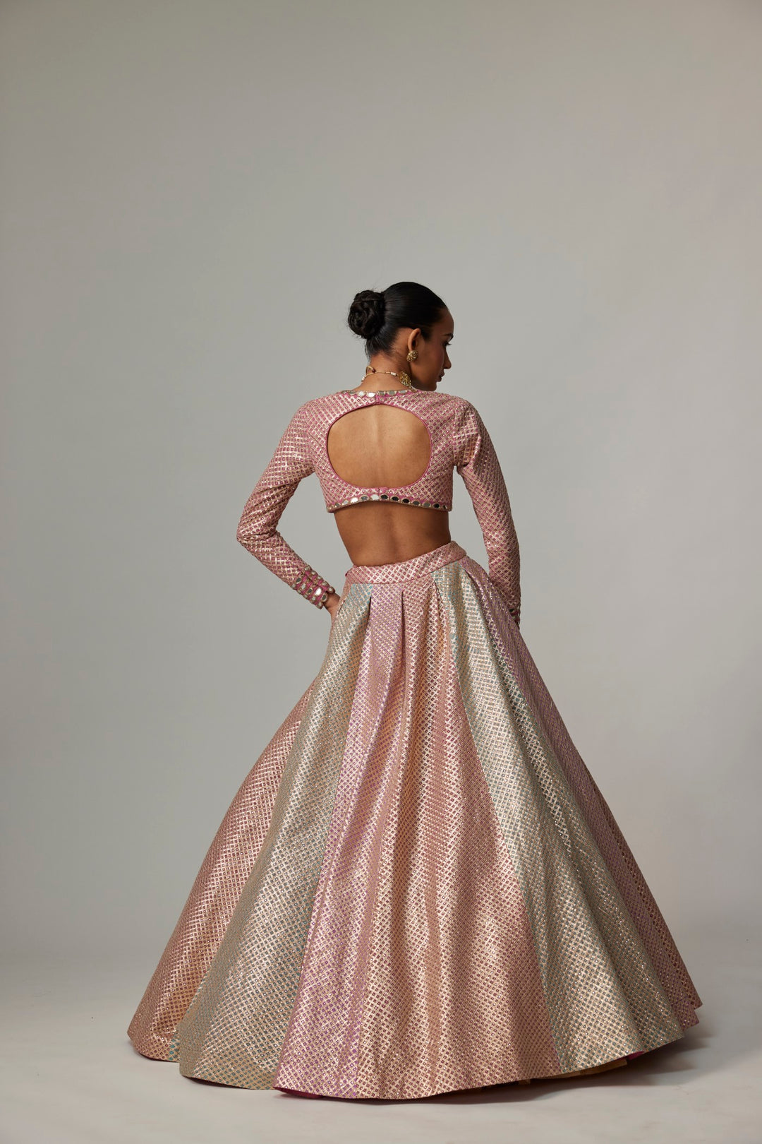 Dark Blush Multicolor Metallic Gota Crop Top Skirt With Aqua Dupatta