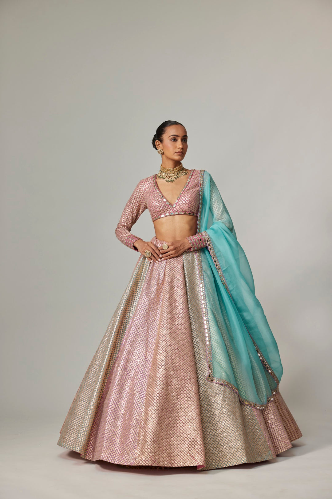 Dark Blush Multicolor Metallic Gota Crop Top Skirt With Aqua Dupatta