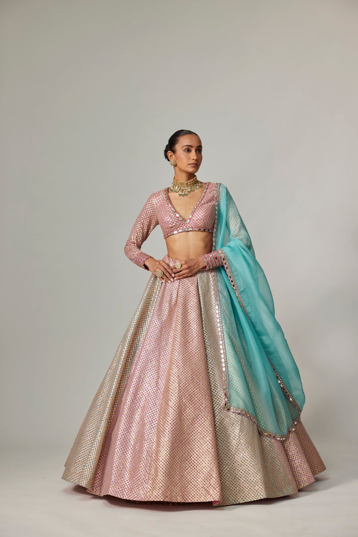 Dark Blush Multicolor Metallic Gota Crop Top Skirt With Aqua Dupatta