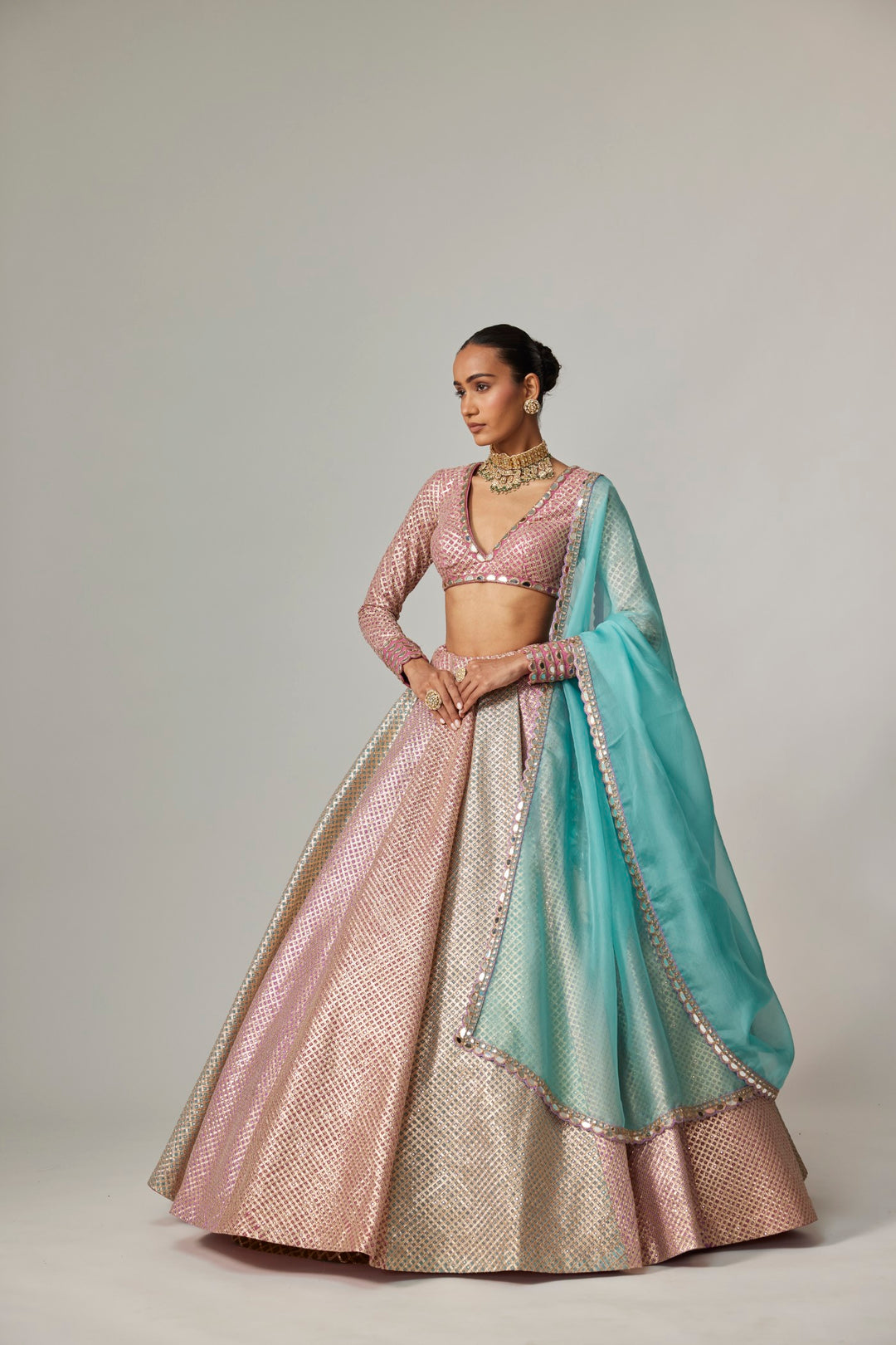 Dark Blush Multicolor Metallic Gota Crop Top Skirt With Aqua Dupatta