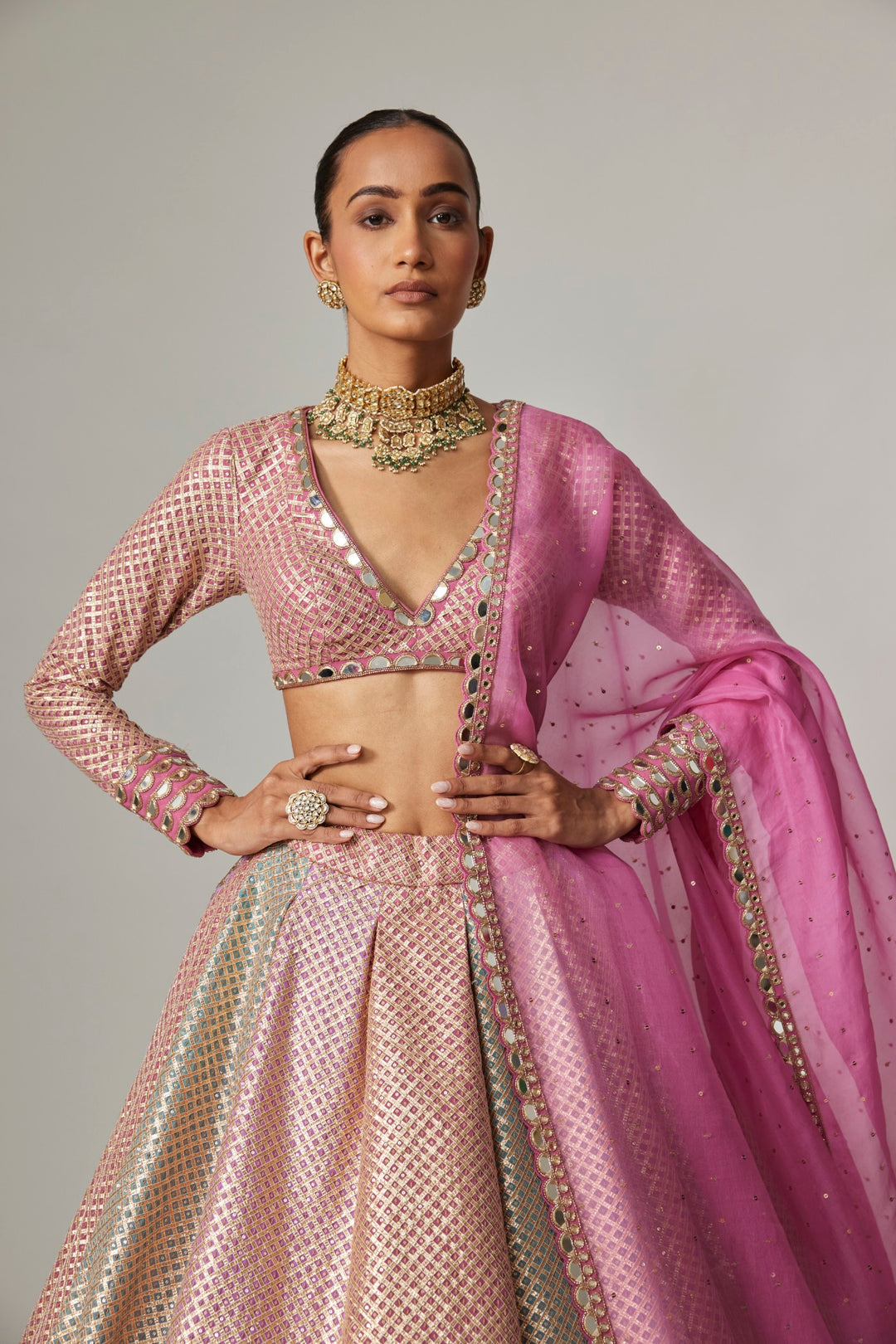 Dark Blush Multicolor Metallic Gota Crop Top Skirt With Dark Blush Dupatta