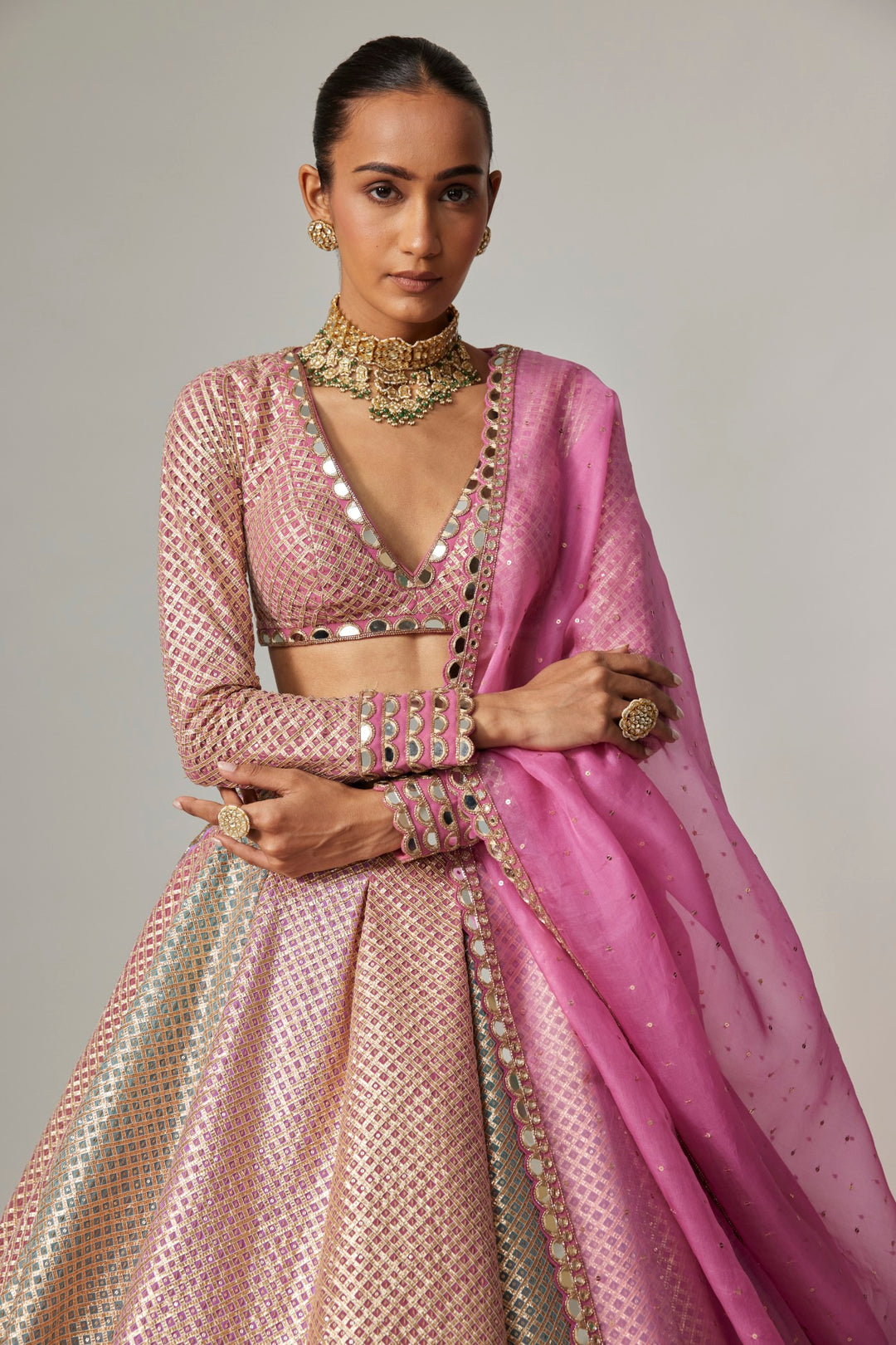 Dark Blush Multicolor Metallic Gota Crop Top Skirt With Dark Blush Dupatta