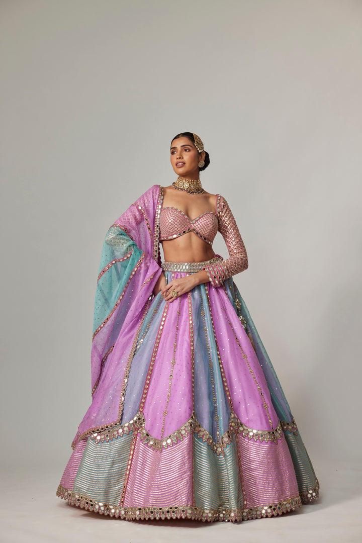 Mauve Multicolor Sequin Scattered Lehenga With Sweetheart Full Sleeve Blouse