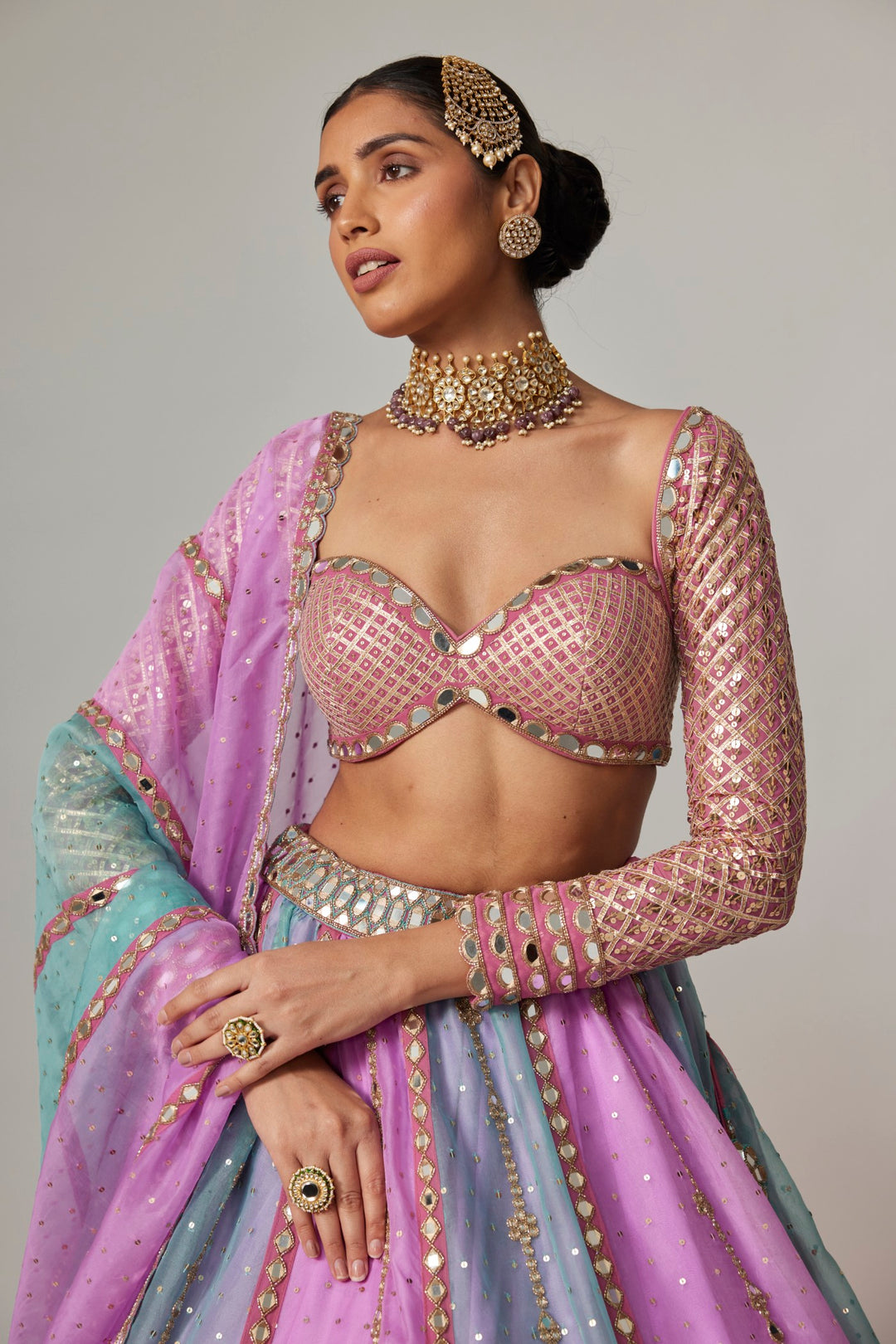 Mauve Multicolor Sequin Scattered Lehenga With Sweetheart Full Sleeve Blouse