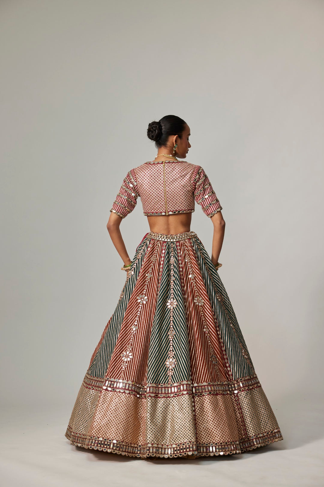 Cranberry Multicolor Linear Flower Lehenga Set With Jade Green Dupatta