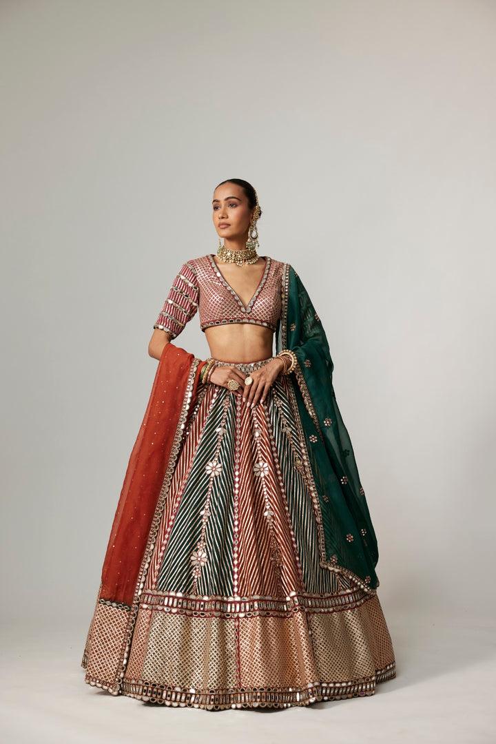Cranberry Multicolor Linear Flower Lehenga Set With Jade Green Dupatta