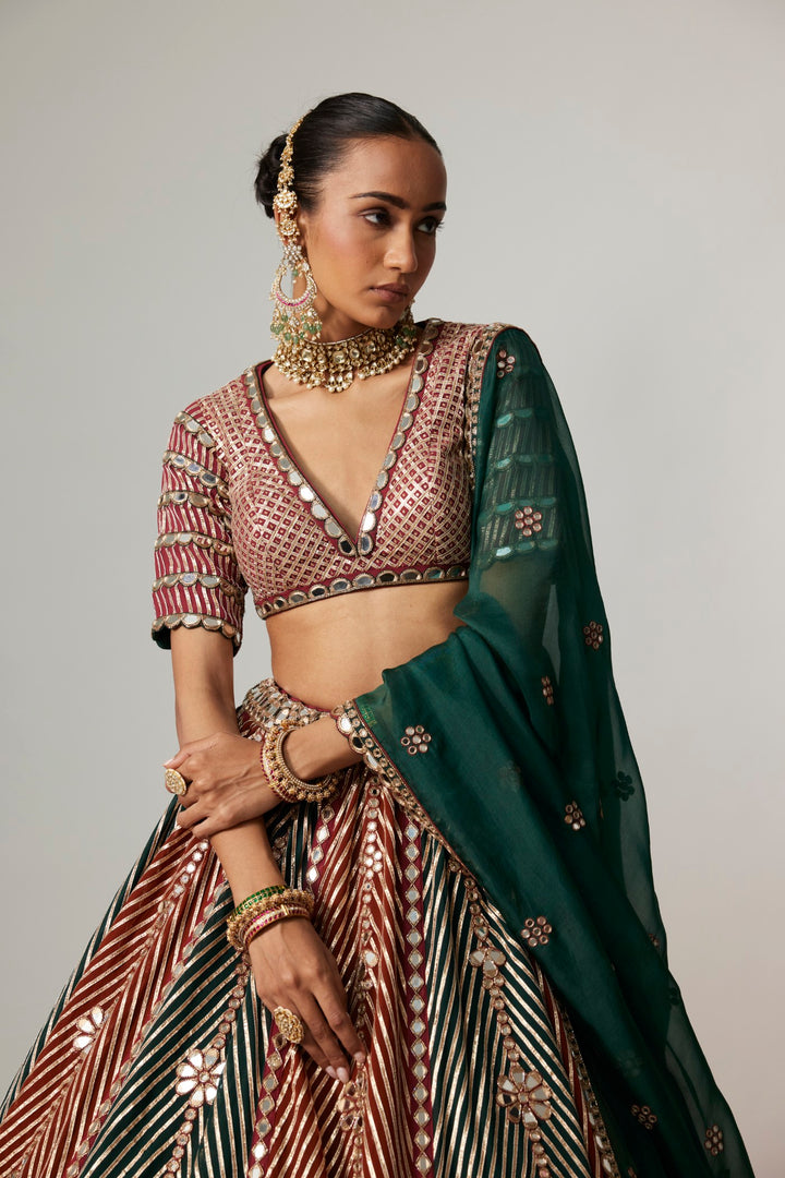 Cranberry Multicolor Linear Lehenga With V Neck Blouse