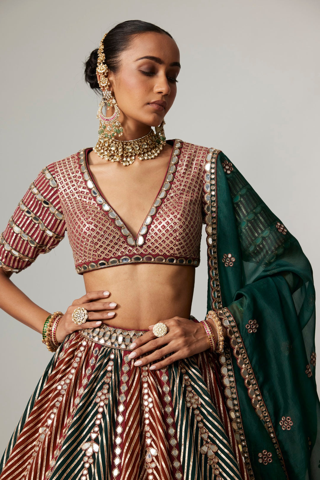 Cranberry Multicolor Linear Lehenga With V Neck Blouse