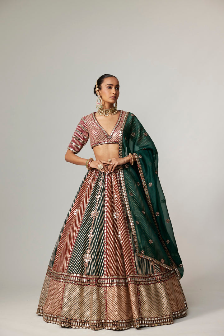 Cranberry Multicolor Linear Lehenga With V Neck Blouse