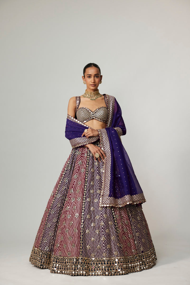 Teal Wine Multicolor Lehenga Set With Dark Purple Dupatta
