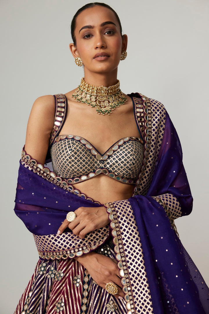 Teal Wine Multicolor Lehenga Set With Dark Purple Dupatta