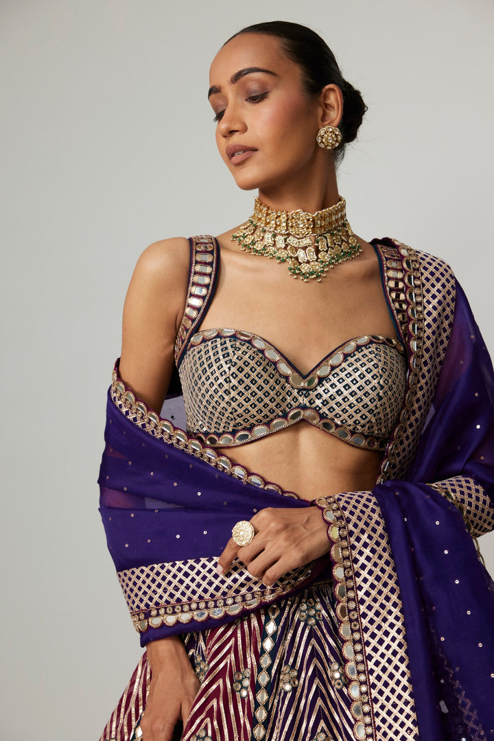 Teal Wine Multicolor Lehenga Set With Dark Purple Dupatta