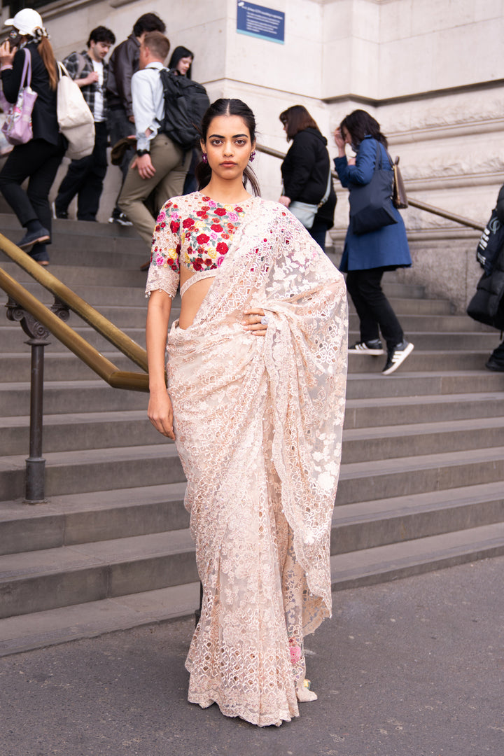 Beige Multi-Coloured Thread Work Saree