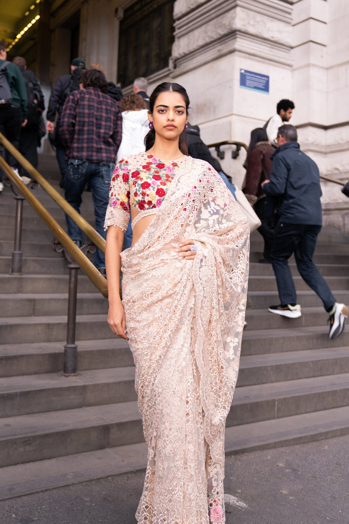 Beige Multi-Coloured Thread Work Saree